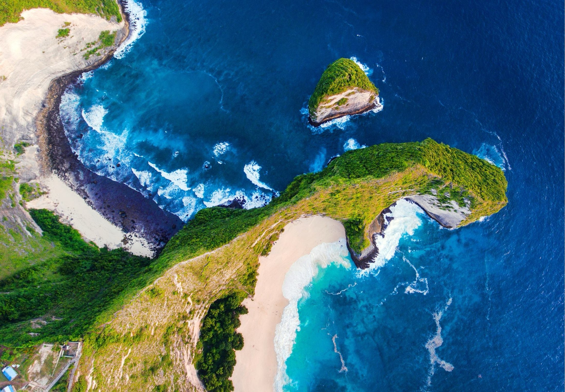 Kelingking Beach and its headland from directly above